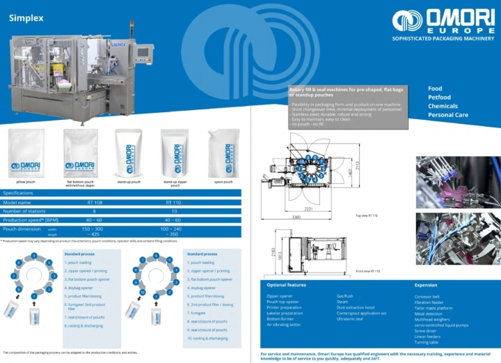 Datasheet of Leepack Simplex RT-Series Rotary Pouch Fill and Seal Machines